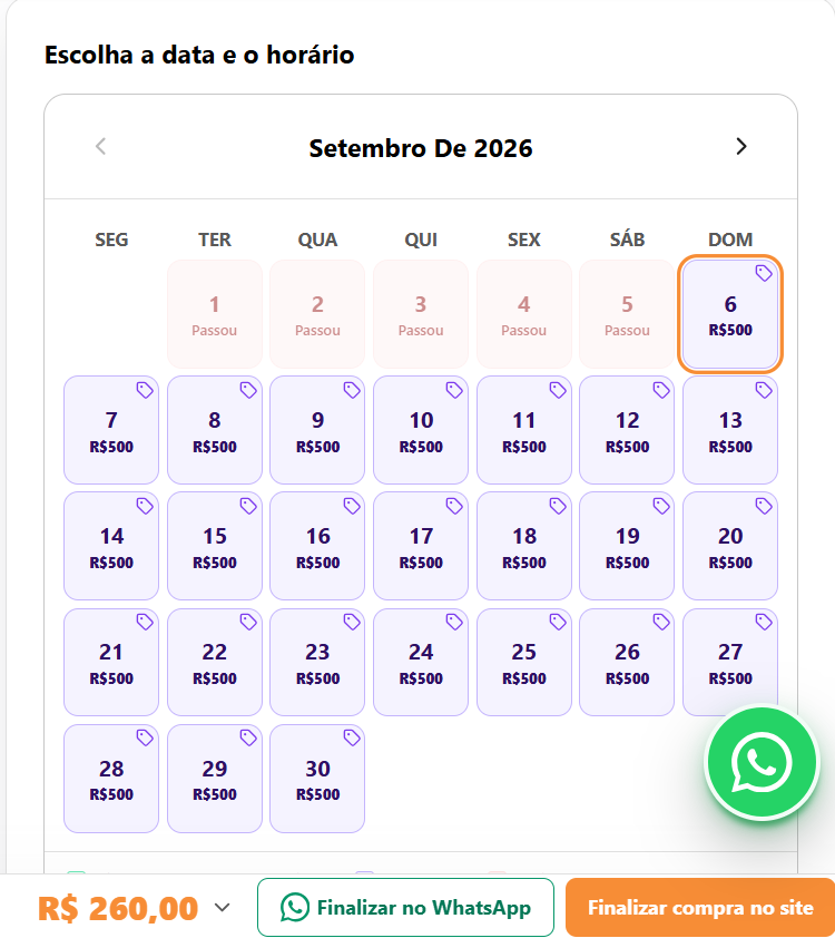 Disponibilidade da Guimaps: calendário com datas, valores e finalização da reserva