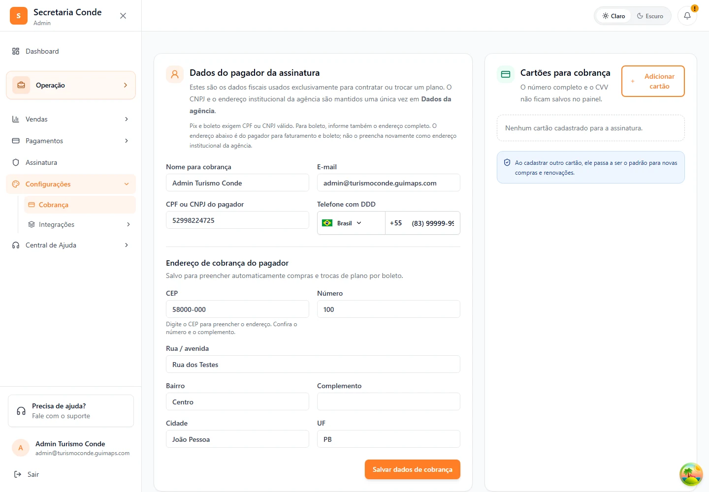 Configurações · Dados de cobrança