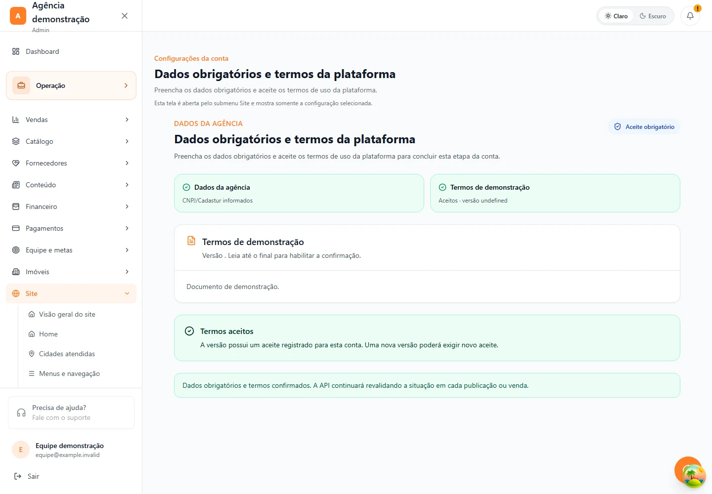 Site · Dados obrigatórios e termos