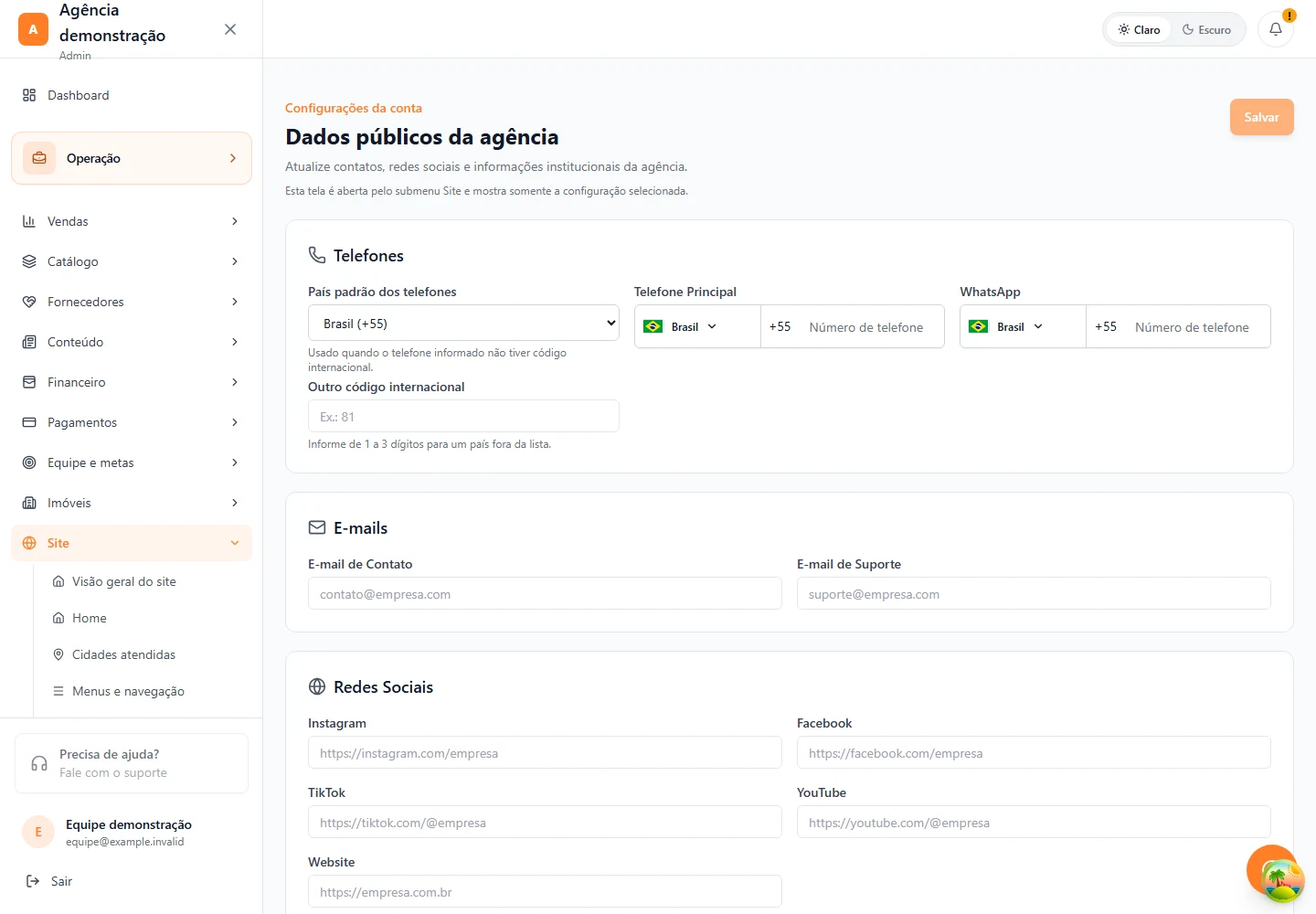 Site · Dados da agência