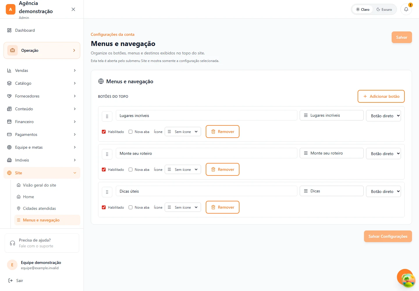 Site · Menus e navegação
