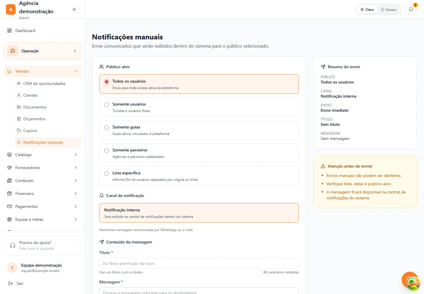 Vendas · Notificações manuais