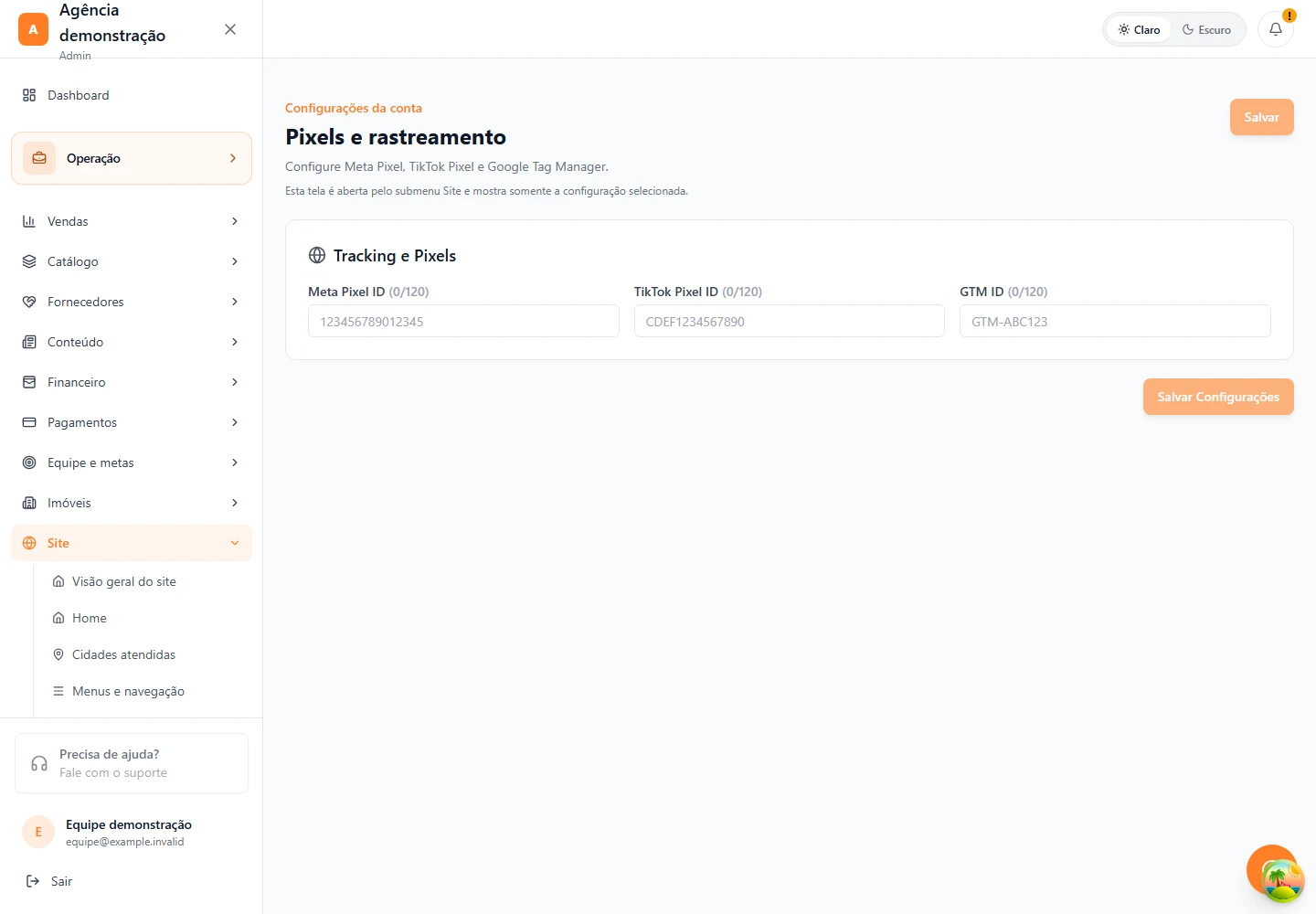 Site · Pixels e rastreamento