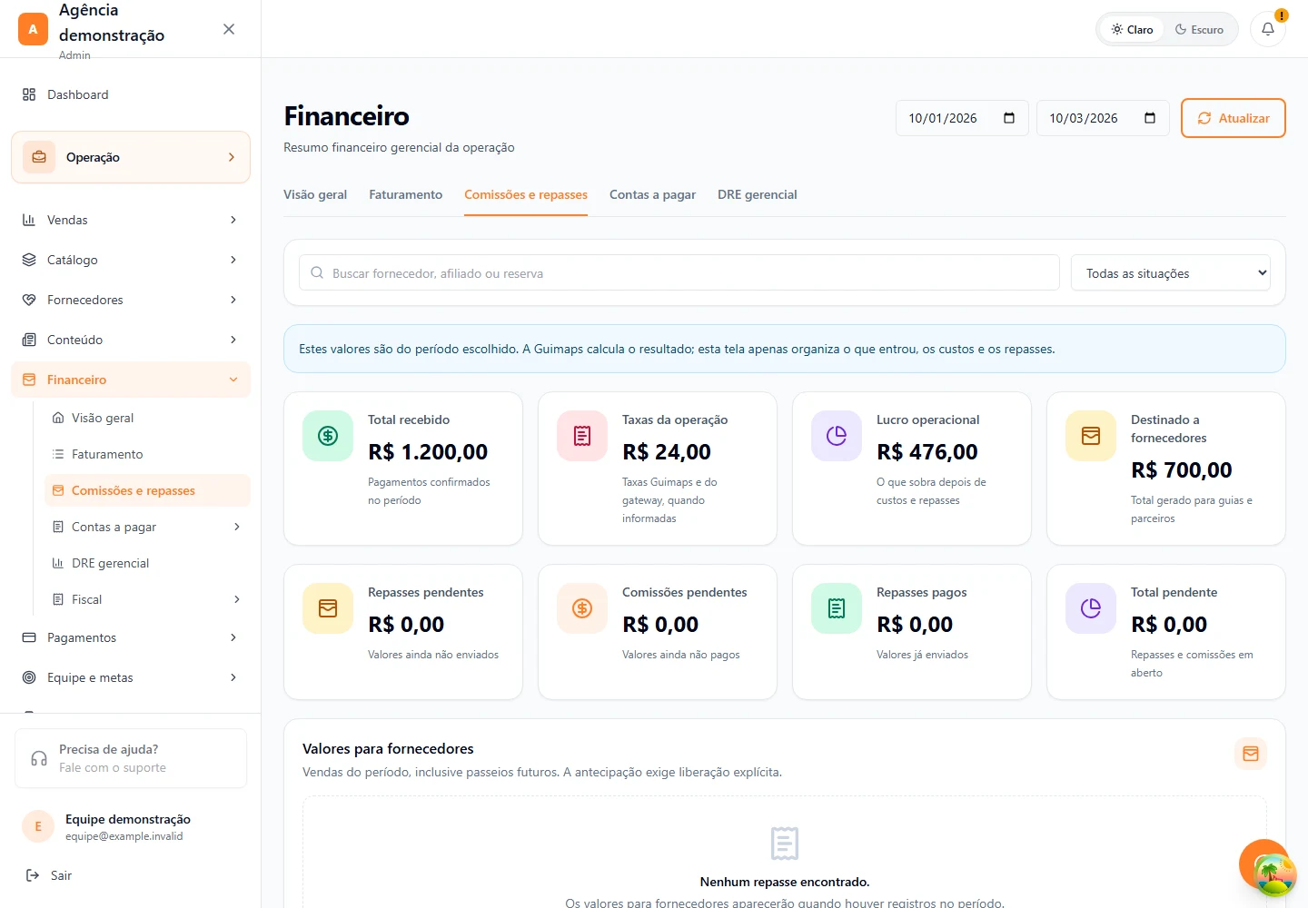 Financeiro · Comissões e repasses