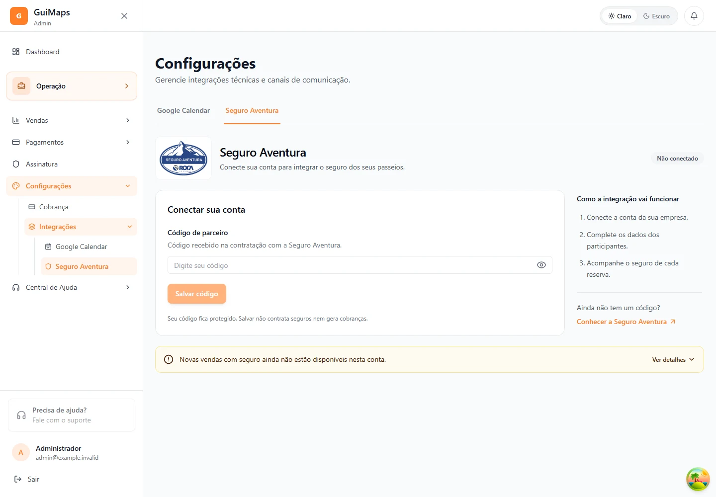 Configurações · Seguro Aventura
