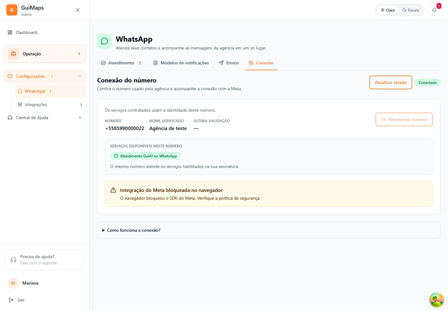 Configurações · WhatsApp · Conexão