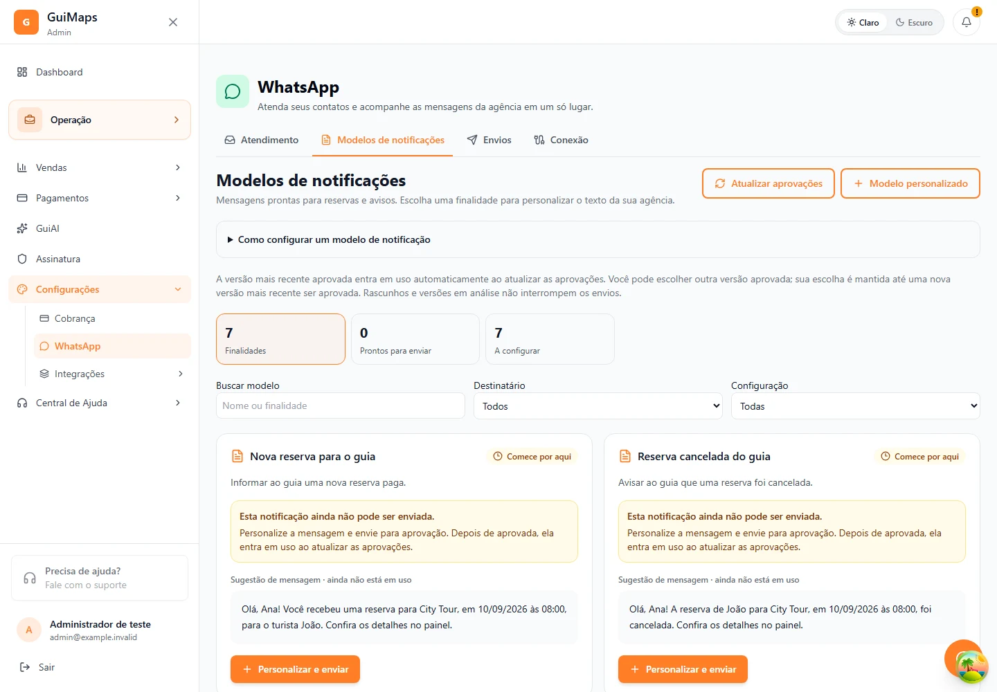 Configurações · WhatsApp · Modelos