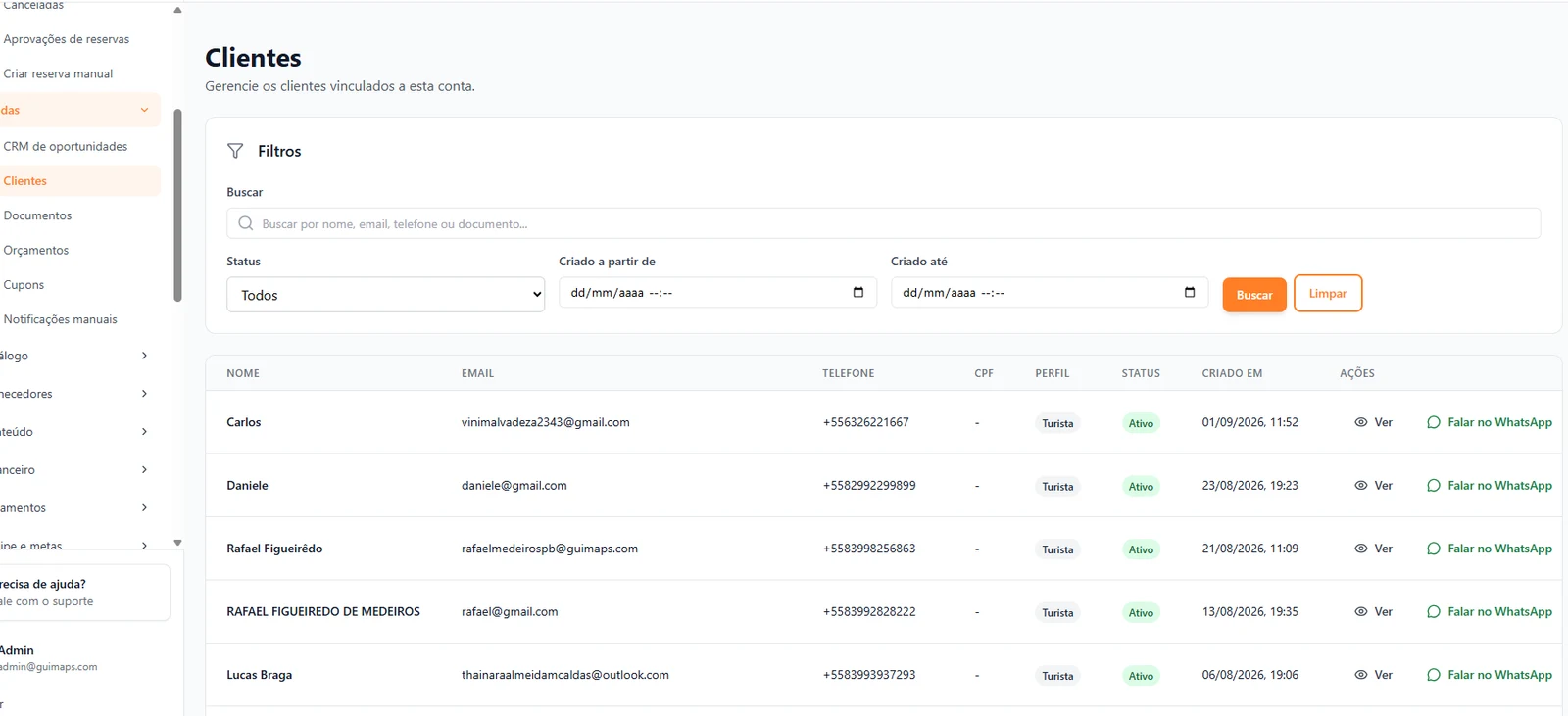 Lista real de clientes com filtros, status e contato por WhatsApp