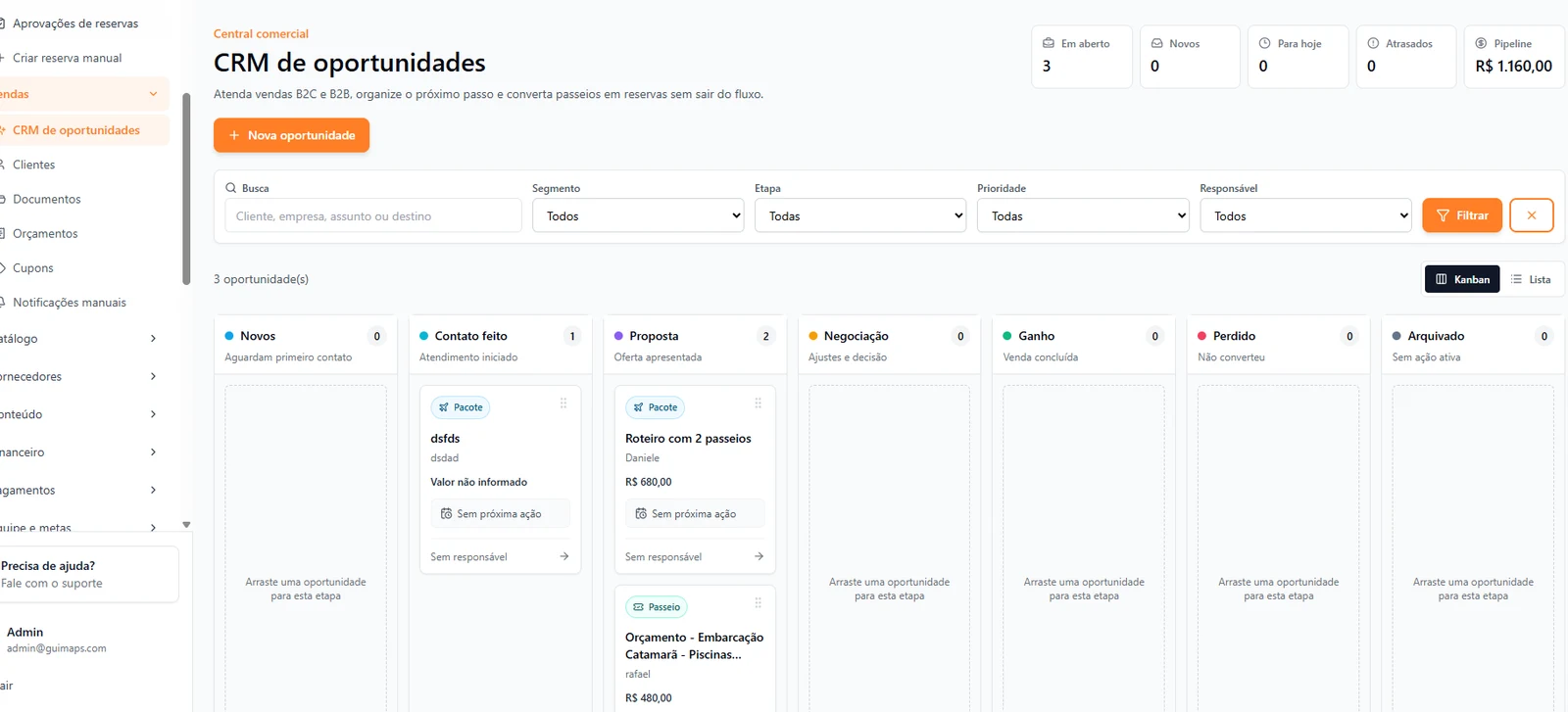 CRM de oportunidades real com etapas de venda