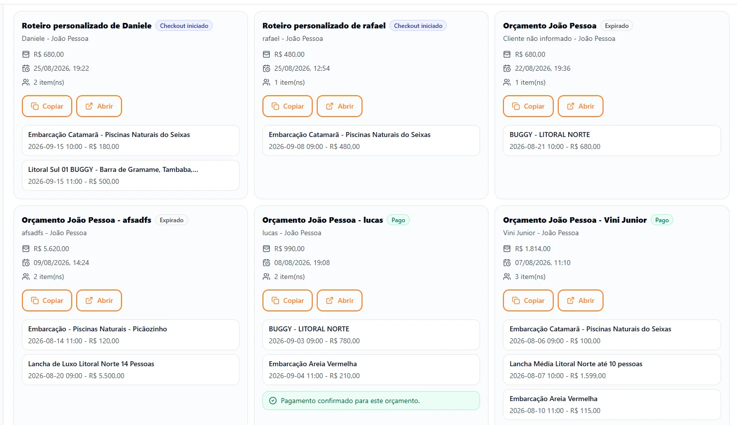Lista de orçamentos com status e valores