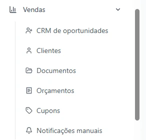 Menu de vendas com CRM, clientes e orçamentos