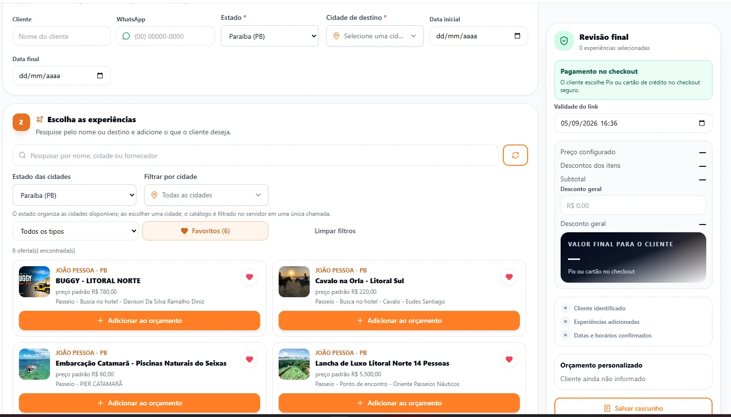 Criação de orçamento com cliente, datas e experiências