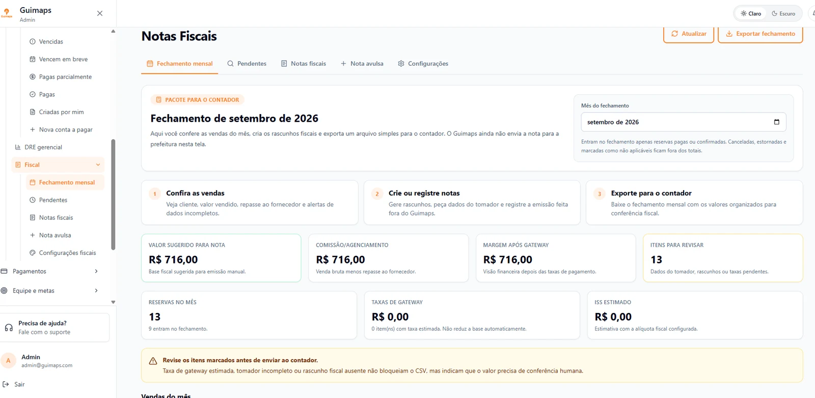 Fechamento fiscal real da Guitur com vendas do mês, pendências, notas fiscais e exportação para o contador