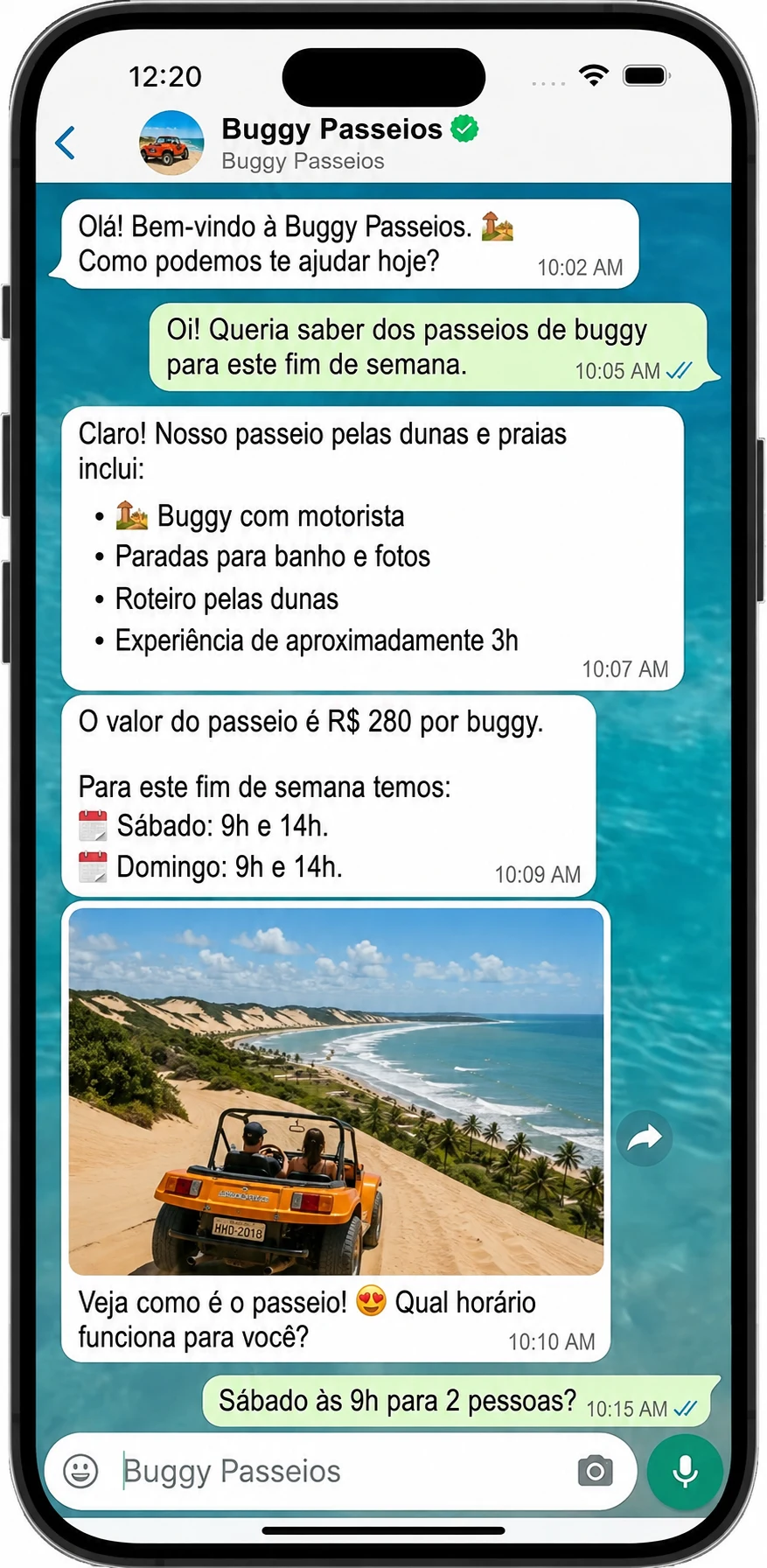 Conversa no WhatsApp da Buggy Passeios sobre um passeio de buggy