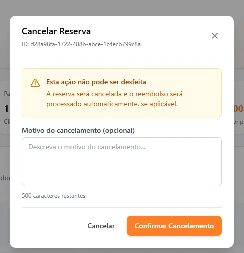 Cancelamento de reserva e registro do motivo