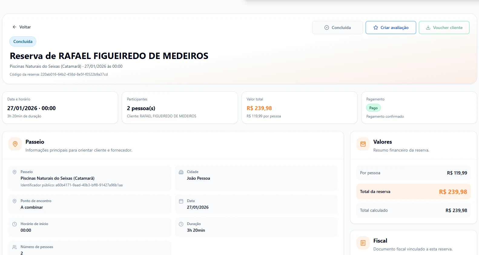 Tela real da Guitur com os detalhes de uma reserva, valores e pagamento