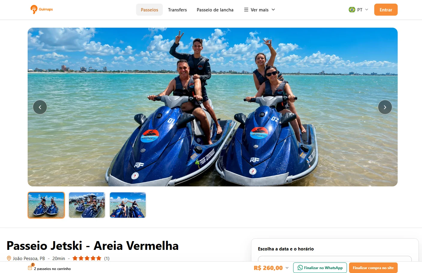Página real de detalhe de passeio com fotos e escolha de data