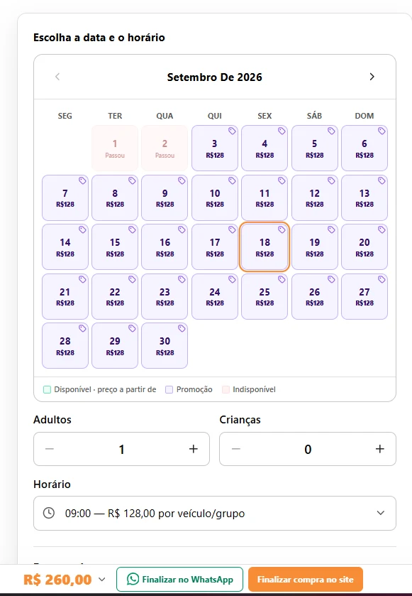 Calendário para escolha de data e disponibilidade
