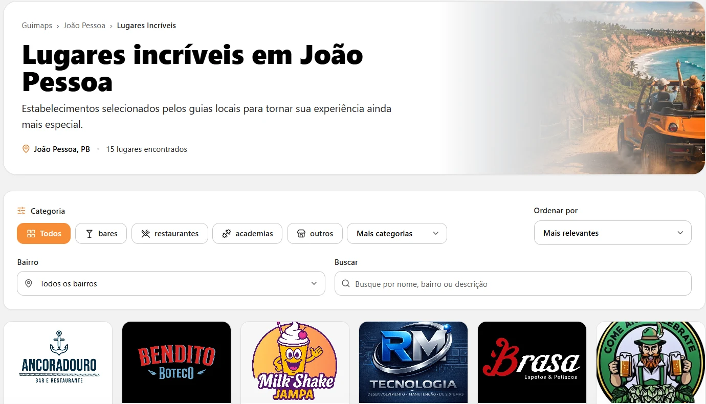 Página real de lugares incríveis com categorias e busca