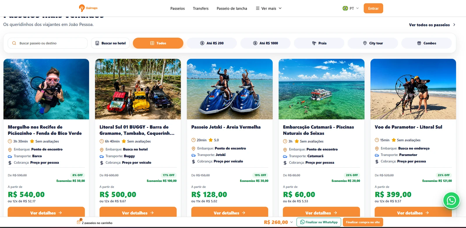 Site profissional real com busca, filtros e cards de passeios
