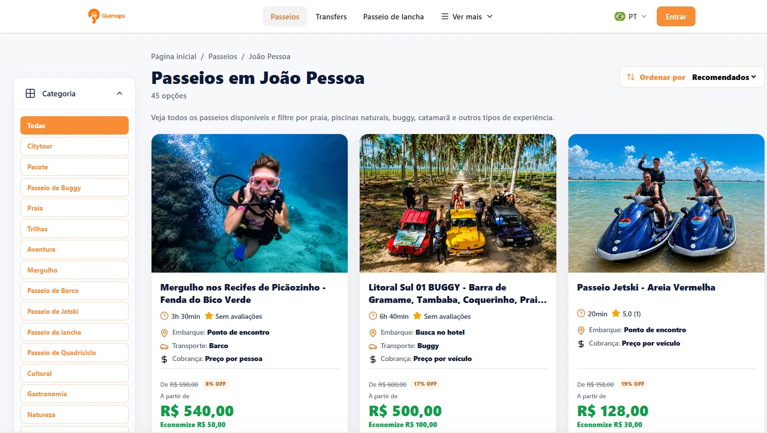 Página real de resultados de passeios com filtros e ordenação