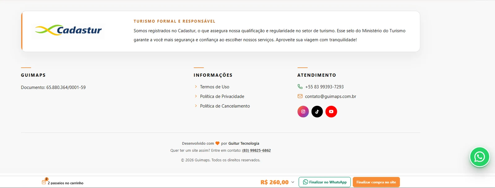 Rodapé do site com Cadastur, contatos e informações legais